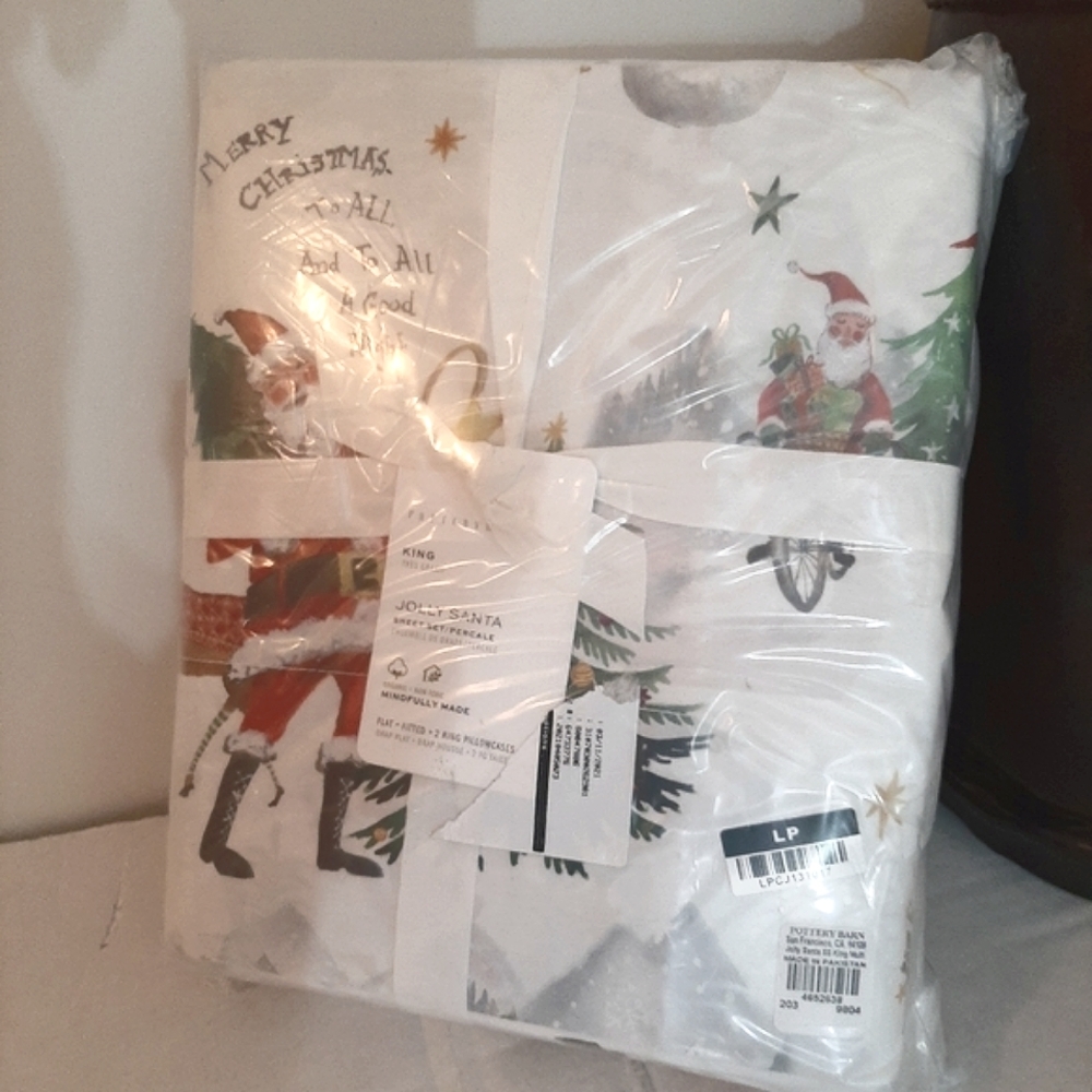 Pottery Barn Jolly Santa KING Cotton Percale Sheet Set - Picture 5 of 12